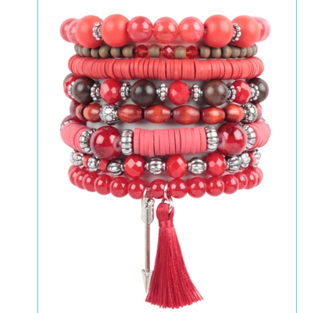 NWT Beautiful Bohemian Style Mixed Media Red Tubular Bracelet with Arro…
